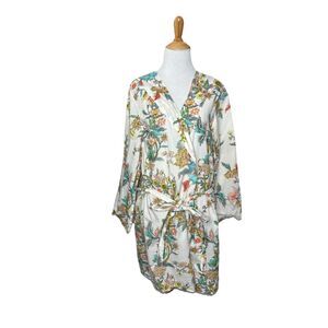 Plum Pretty Sugar Floral Kimono Robe Women Med  Boho Lounge Cottagecore Belted